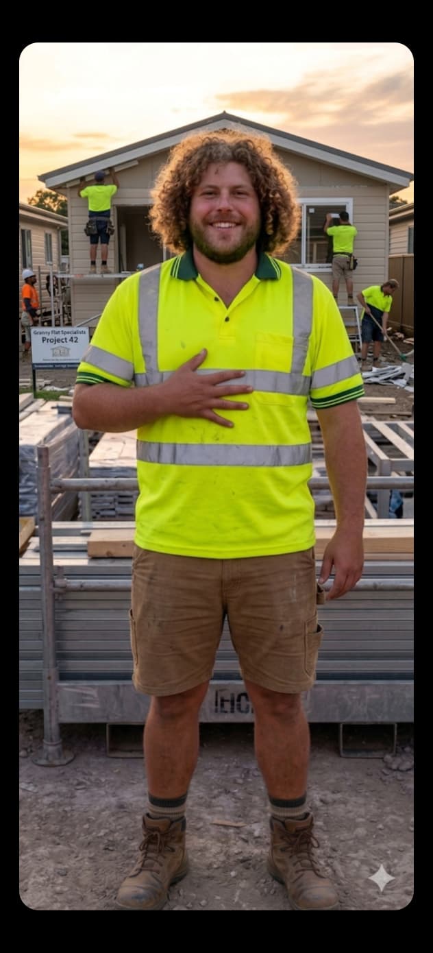 Nathan Hendriks in hi-vis on a Born to Build granny flat job site